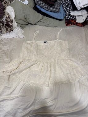 American Eagle Outfitters Ivory Smocked Eyelet Peplum Cami